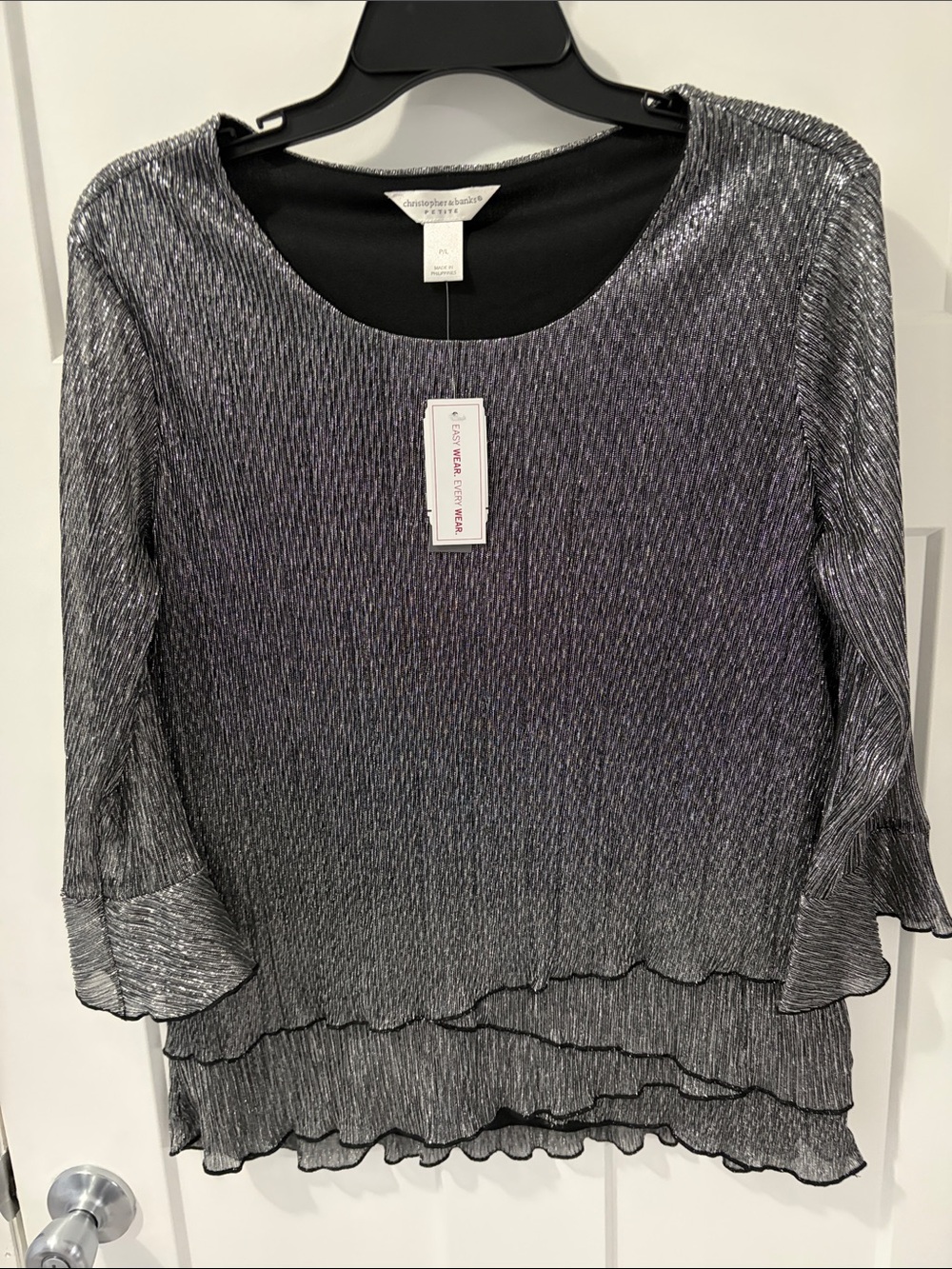 Christopher & Banks Silver Metallic Pleated Ruffle Hem Blouse